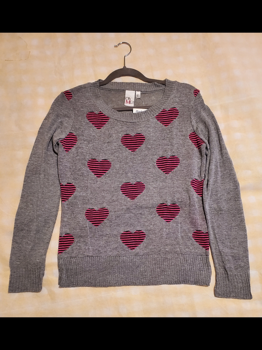 Oh My Love Gray Crewneck Sweater with Pink Striped Hearts